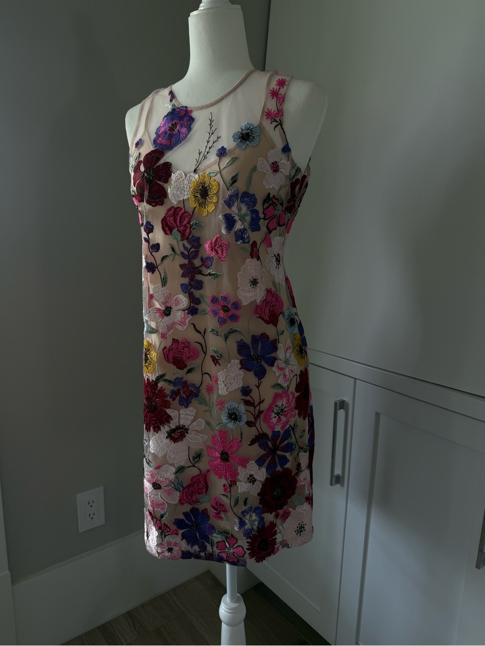 Boston Proper Nude Sheath Dress with Multicolor Floral Embroidery